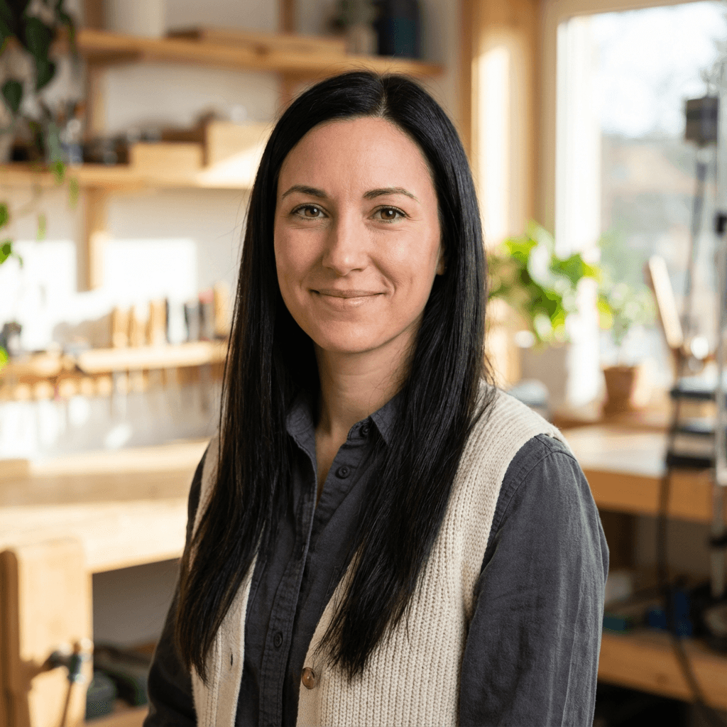 Maya Chen standing by a security panel in a bright Toronto home