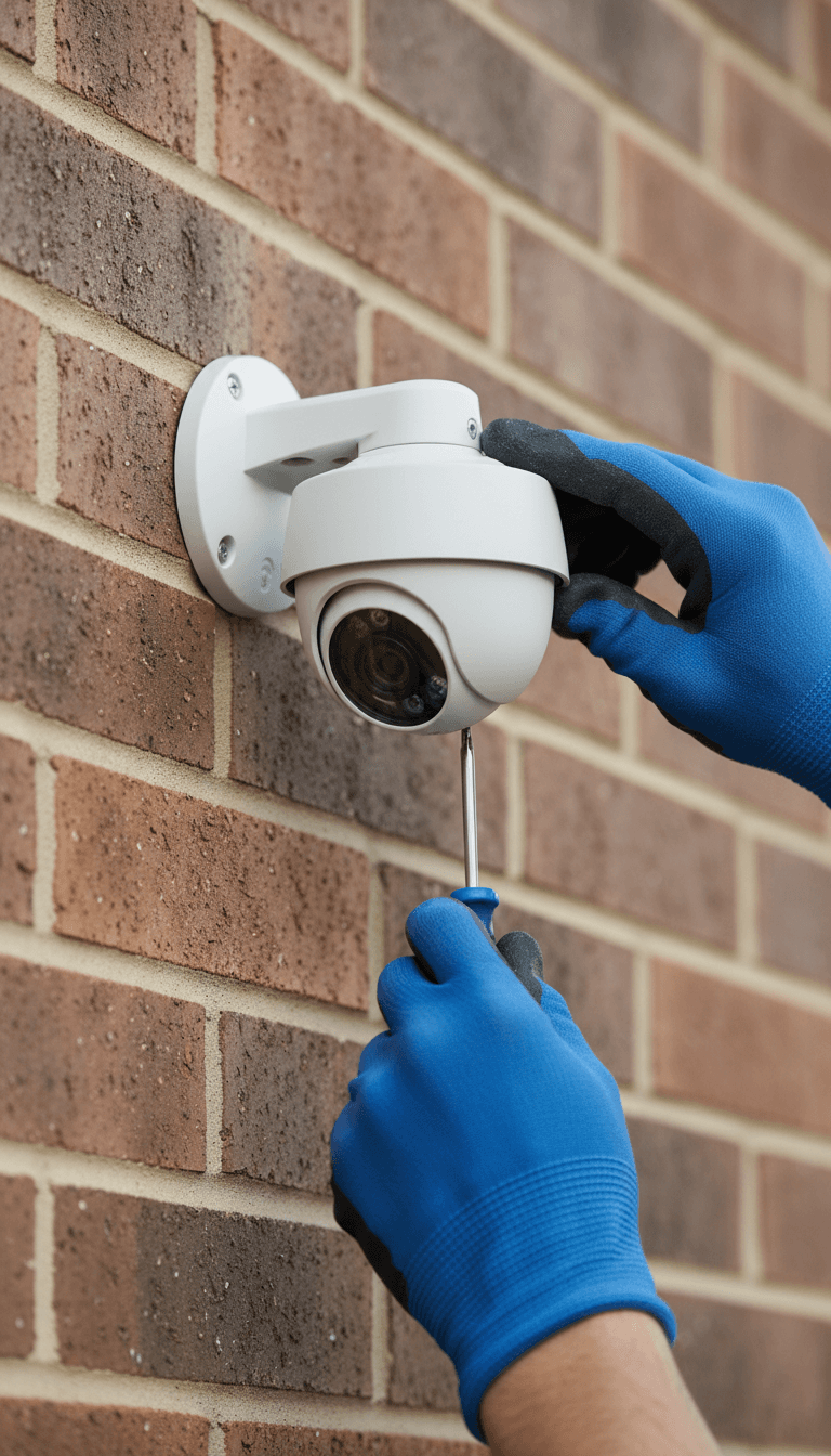 Technician installing a security camera on a Toronto home