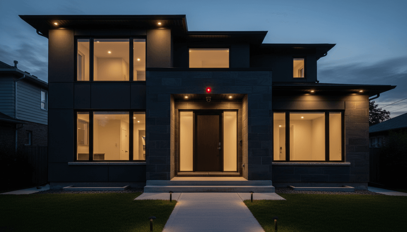 Modern Toronto home with security camera at dusk