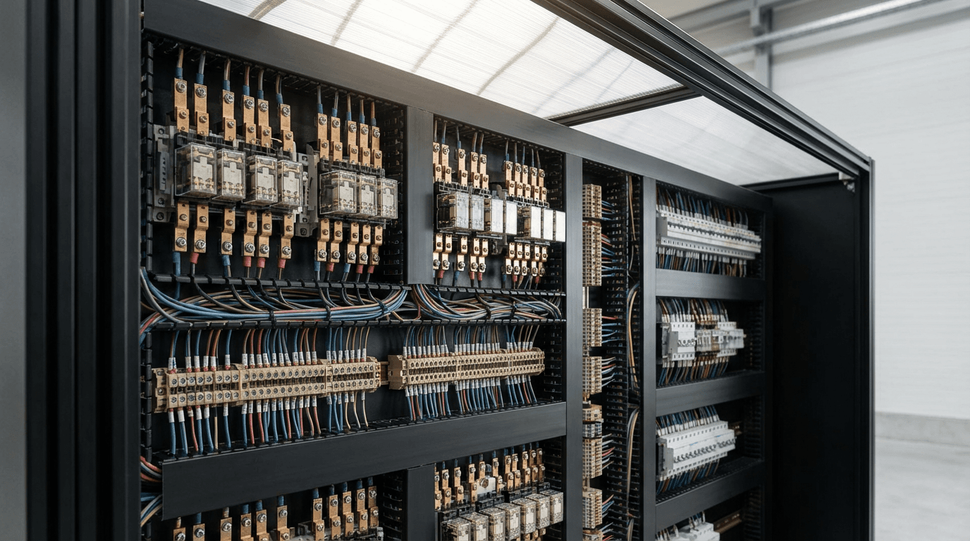 Commercial security control panel in retail stockroom with camera visible