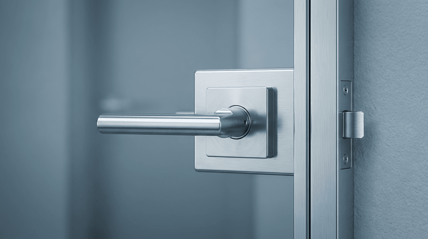 Doorbell camera beside modern front door in evening light