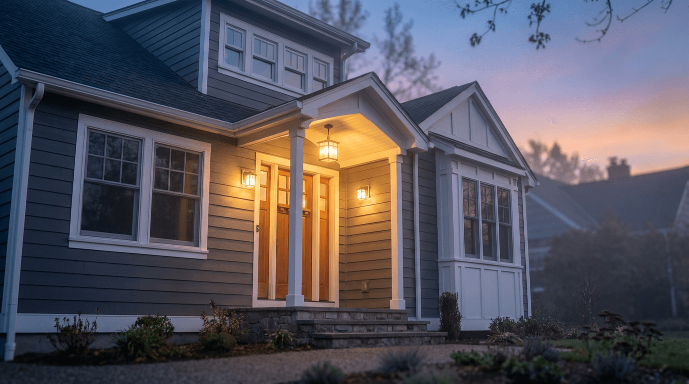 Modern Toronto home at dusk with a discreet security camera installed near the front entrance